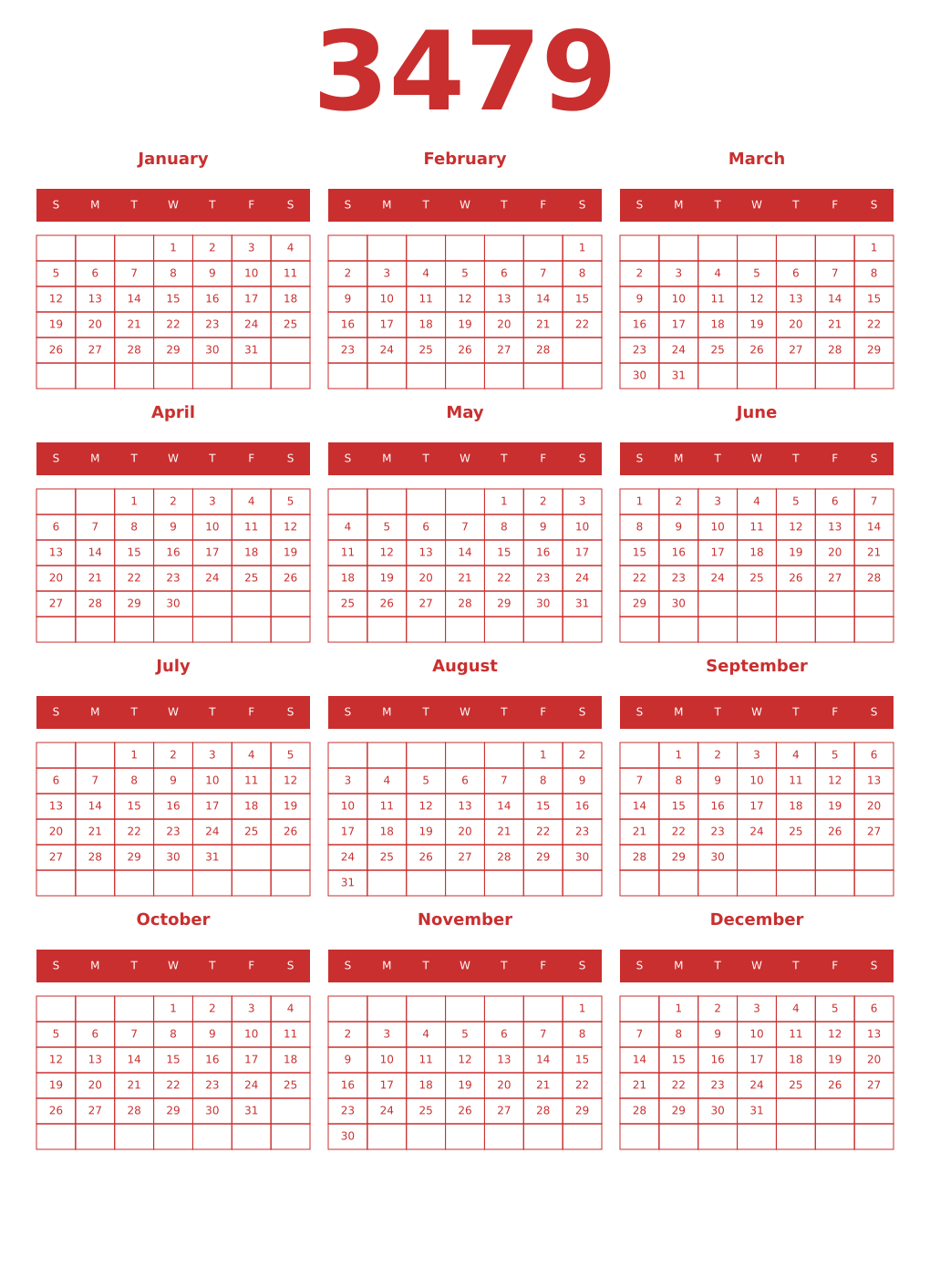 Printable 3479 Year Calendars red