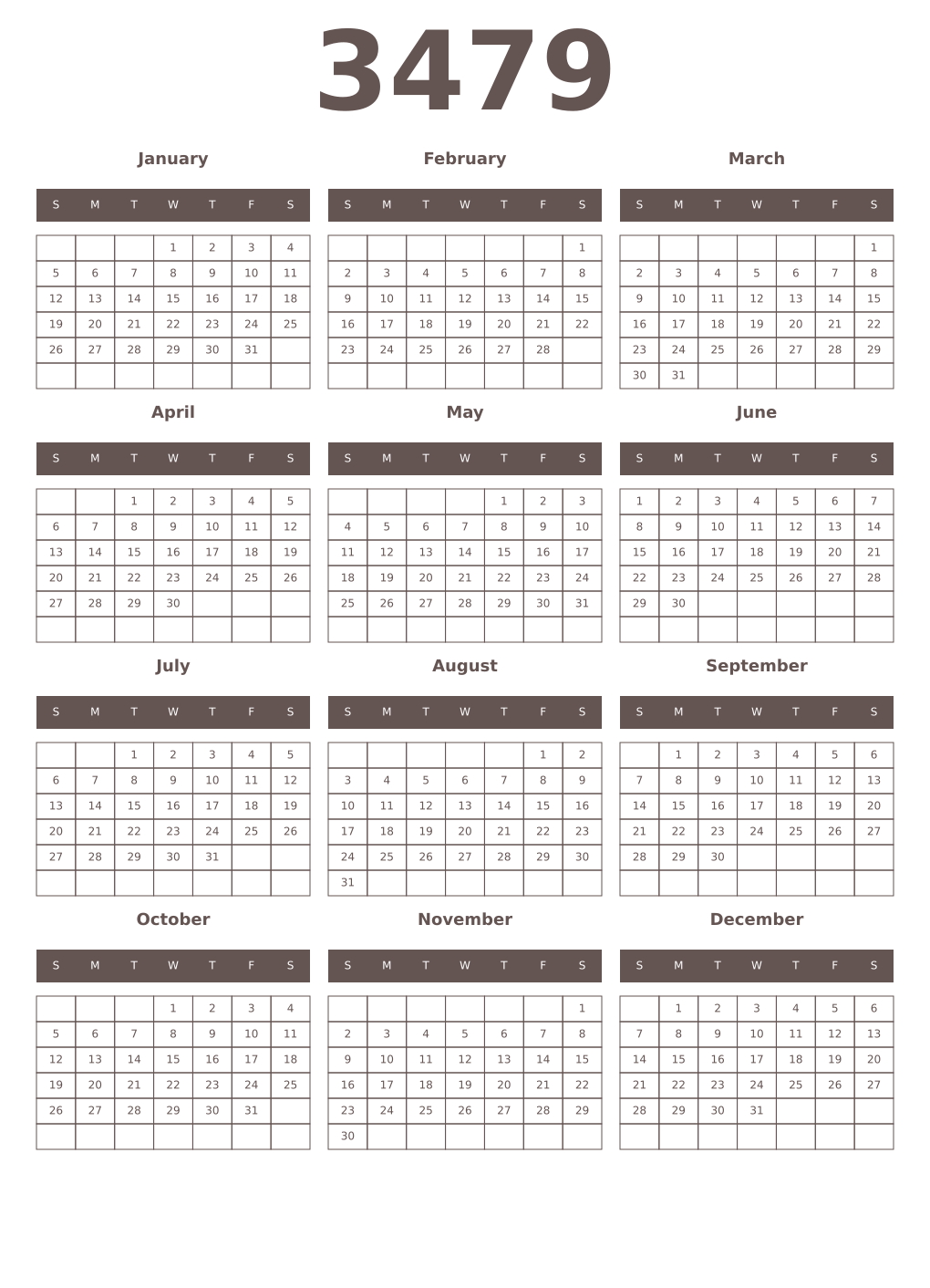 Printable 3479 Year Calendars wenge
