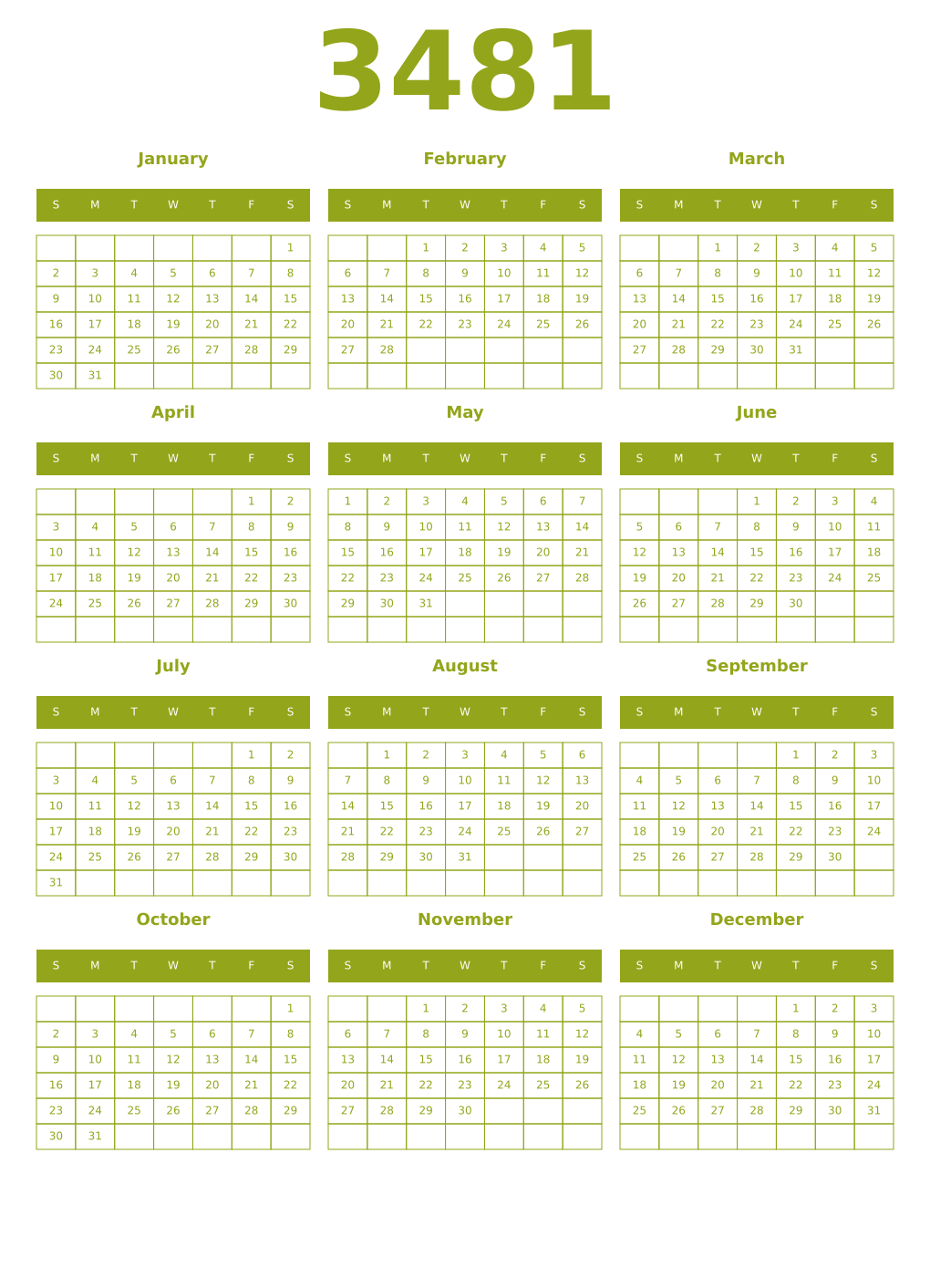 Printable 3481 Year Calendars chartreuse