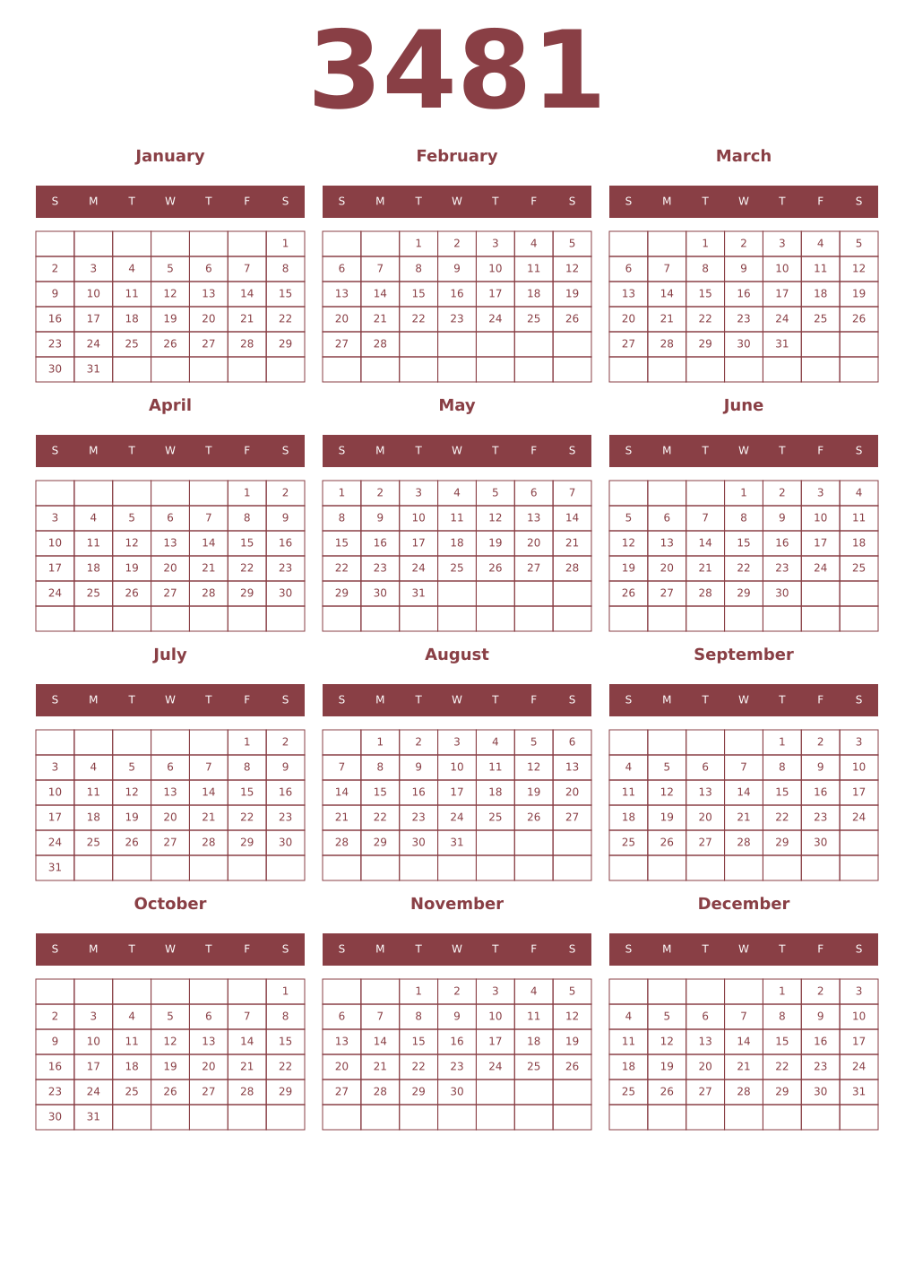 Printable 3481 Year Calendars cordovan