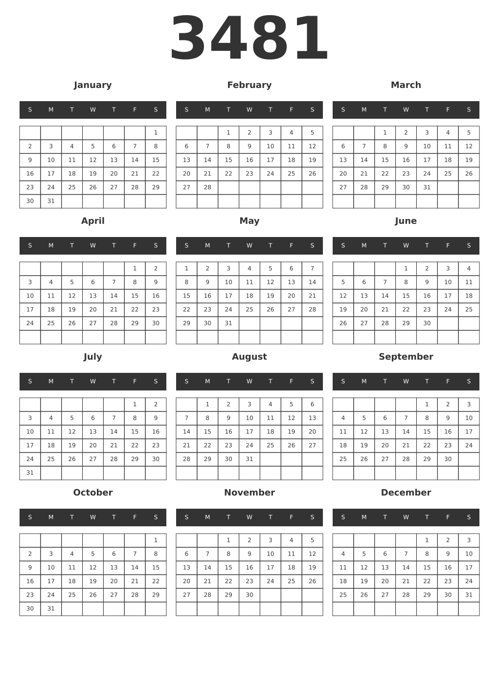 Printable 3481 Year Calendars dark