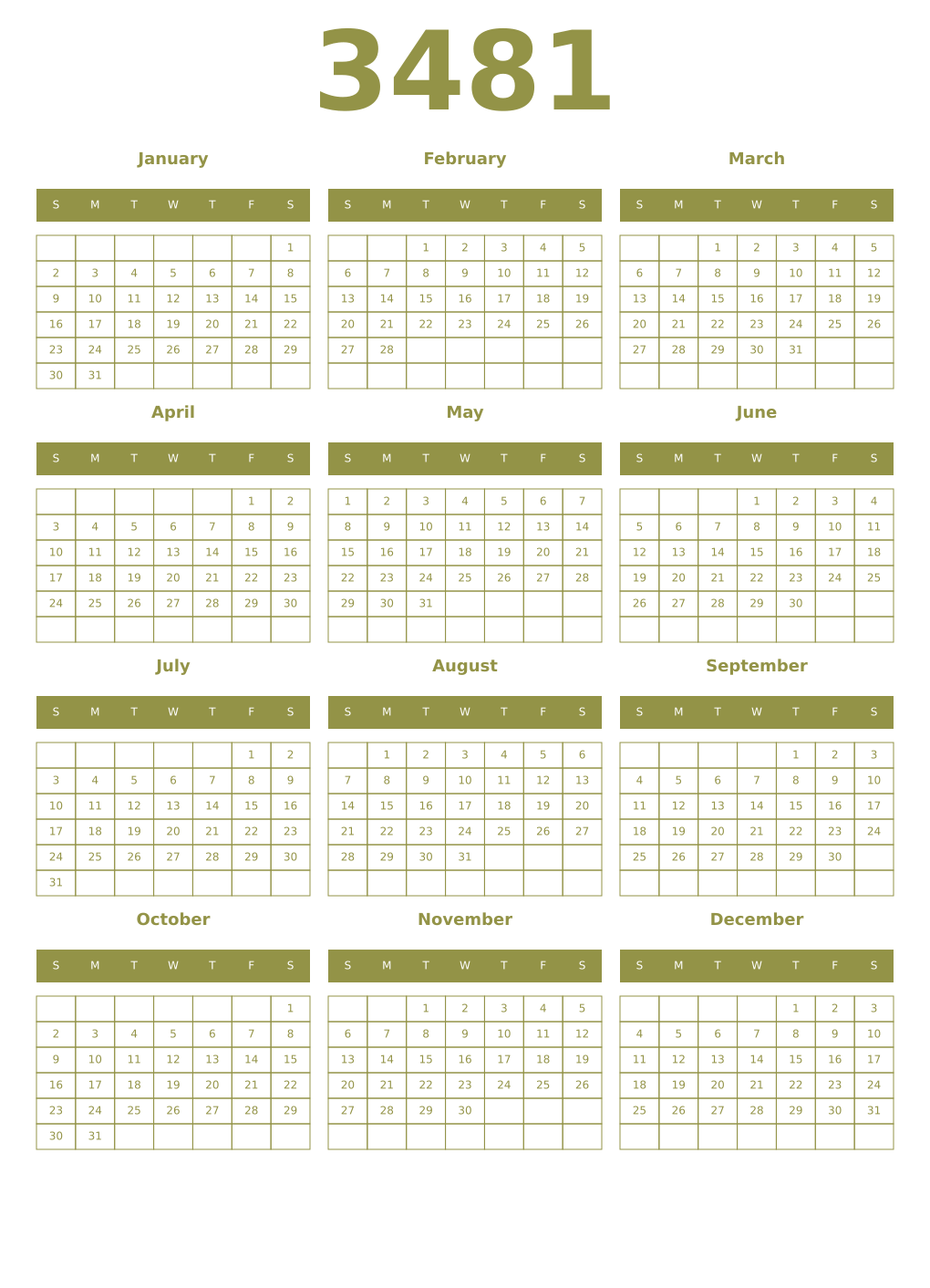 Printable 3481 Year Calendars eburnean