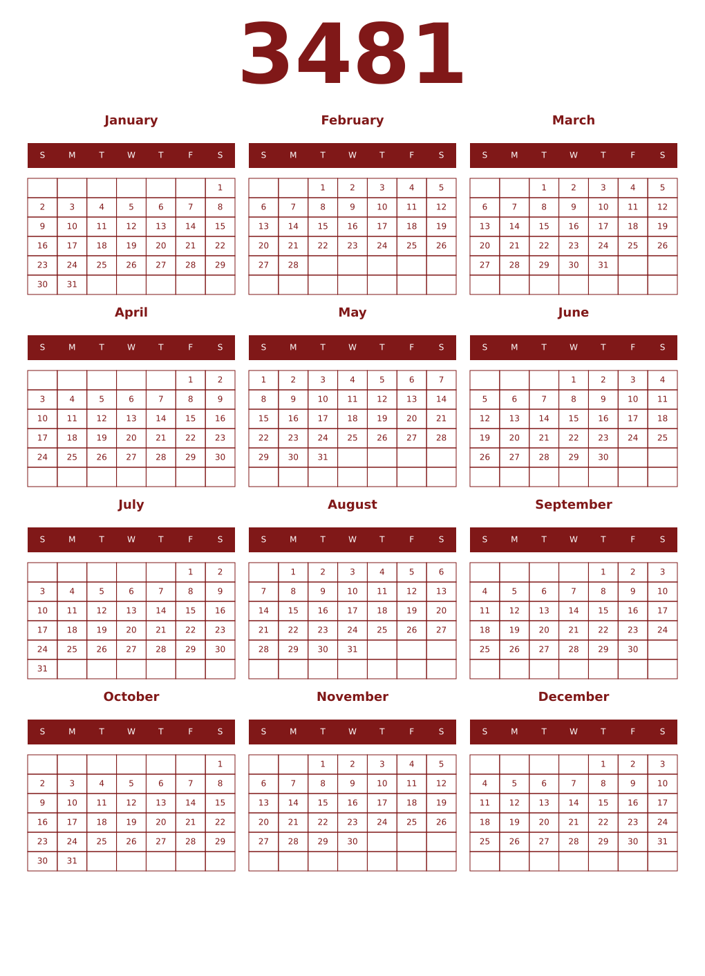 Printable 3481 Year Calendars falu