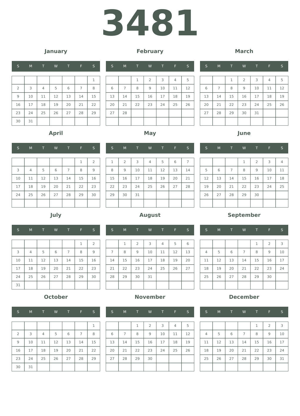 Printable 3481 Year Calendars feldgrau