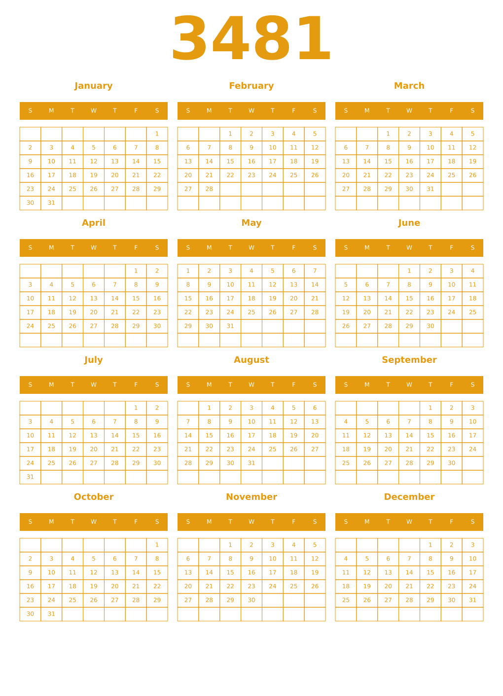 Printable 3481 Year Calendars gamboge