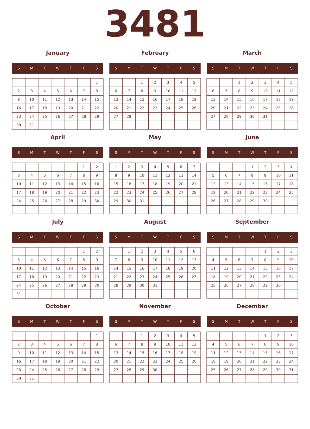 Printable 3481 Year Calendars mortuum