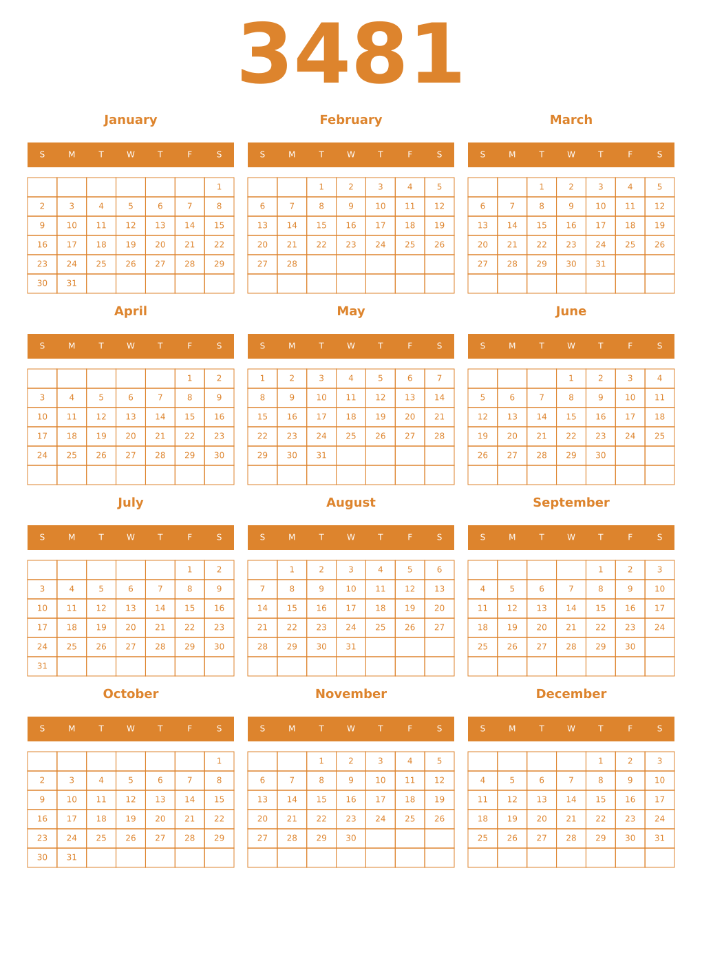Printable 3481 Year Calendars orange