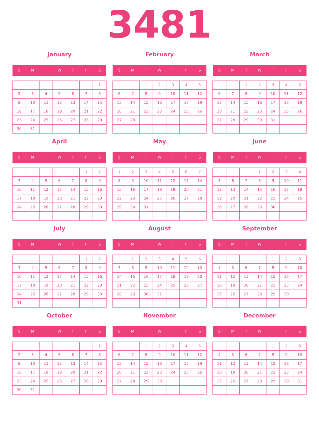 Printable 3481 Year Calendars pink