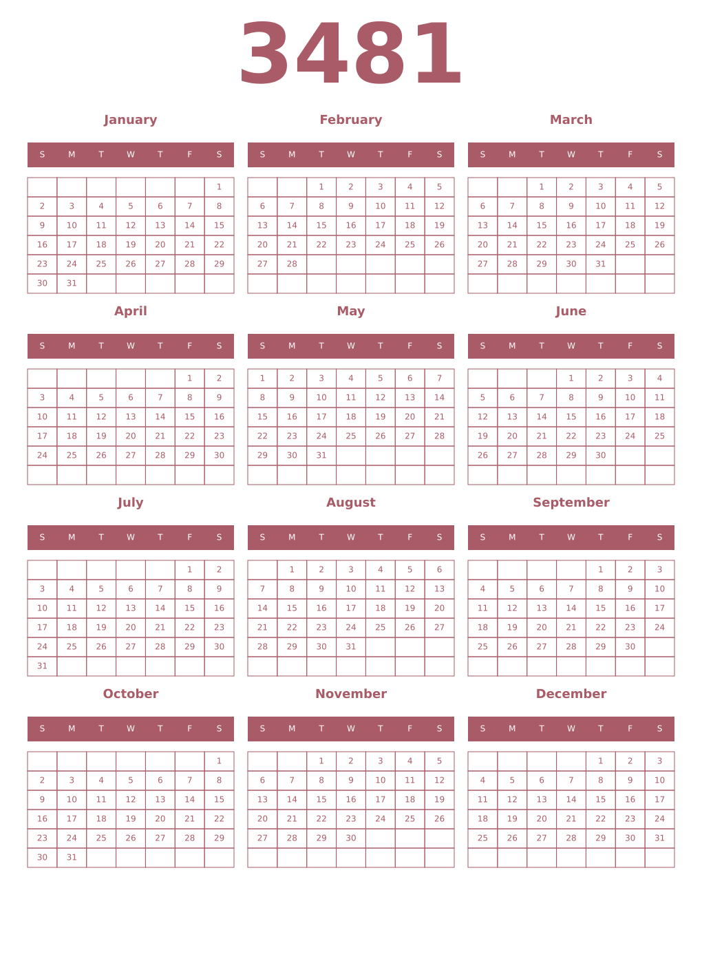 Printable 3481 Year Calendars puce