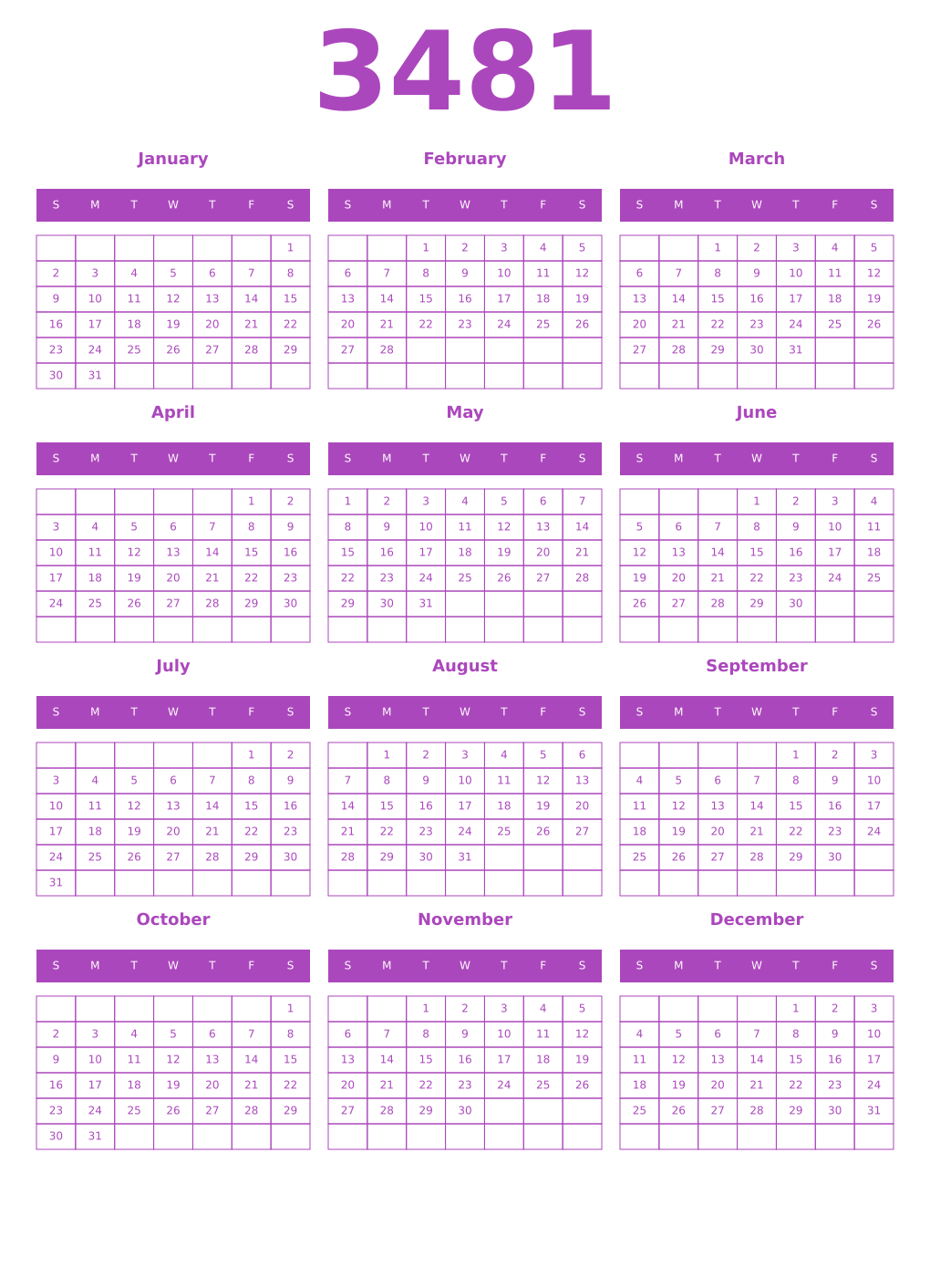 Printable 3481 Year Calendars purple