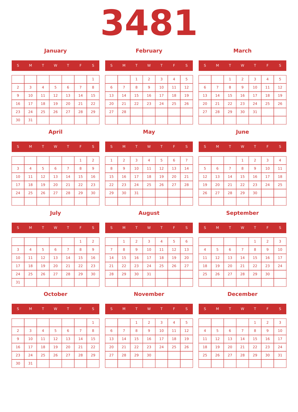 Printable 3481 Year Calendars red