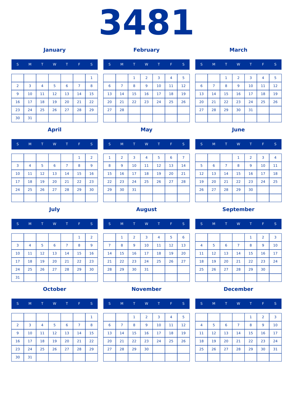 Printable 3481 Year Calendars smalt