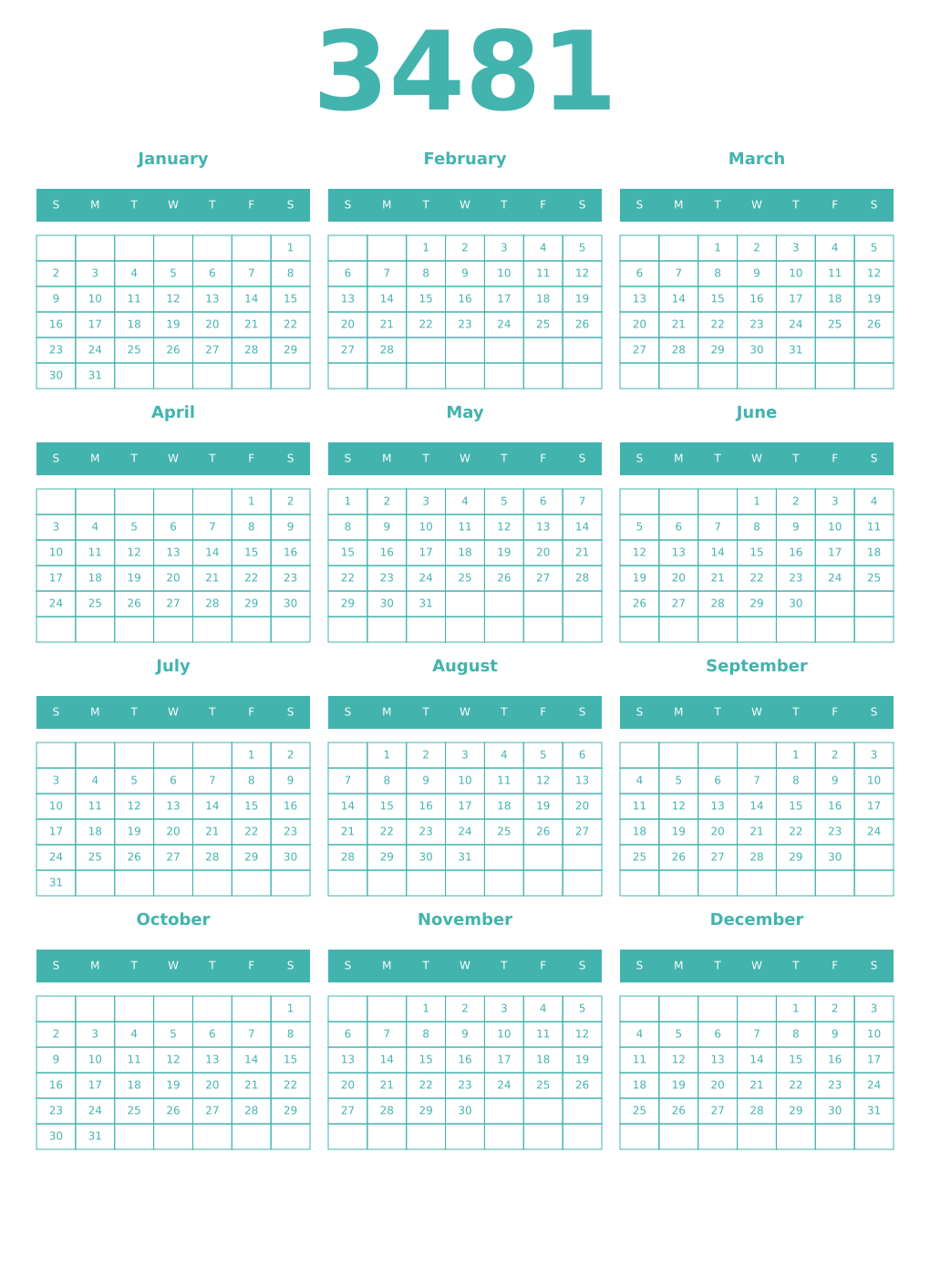Printable 3481 Year Calendars verdigris