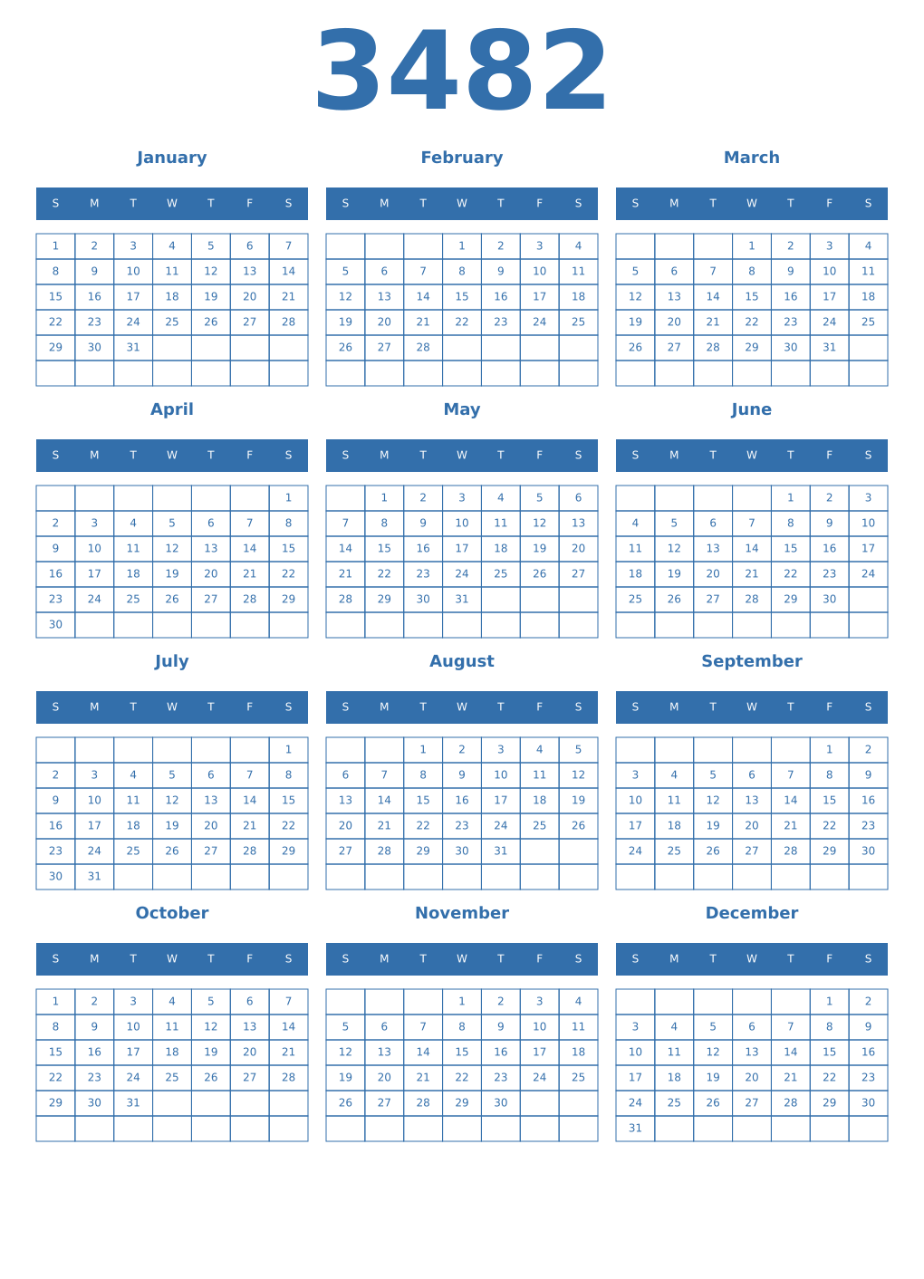 Printable 3482 Year Calendars blue