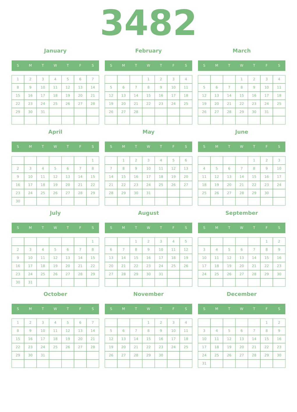 Printable 3482 Year Calendars celadon