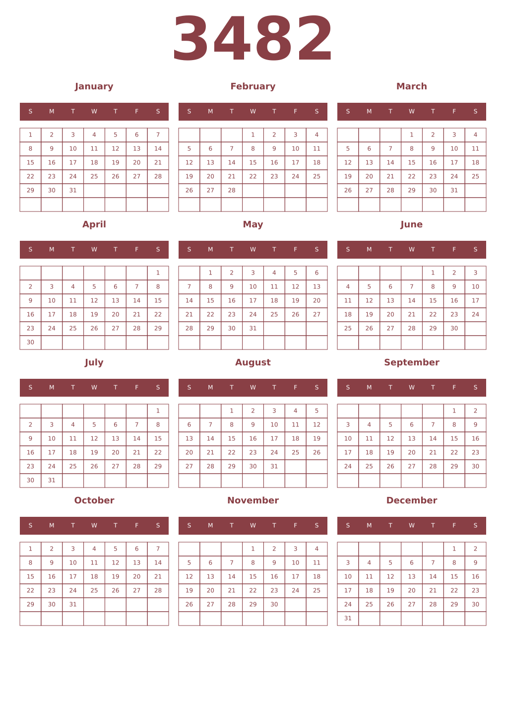 Printable 3482 Year Calendars cordovan
