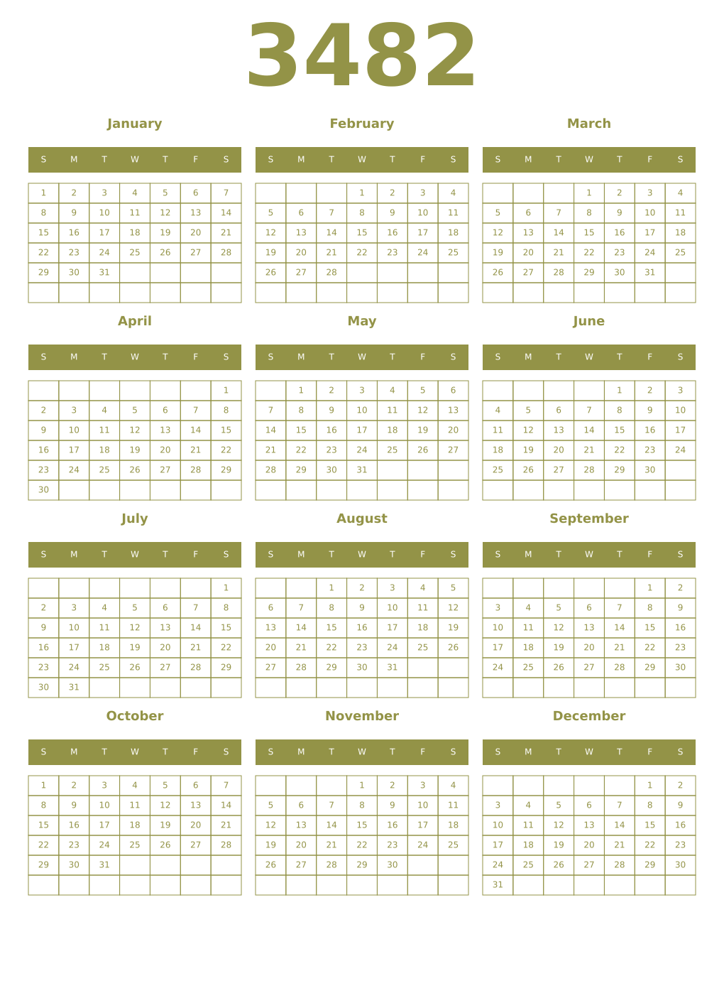 Printable 3482 Year Calendars eburnean