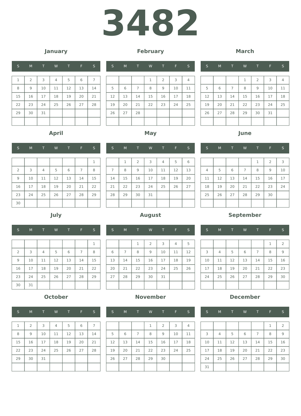 Printable 3482 Year Calendars feldgrau