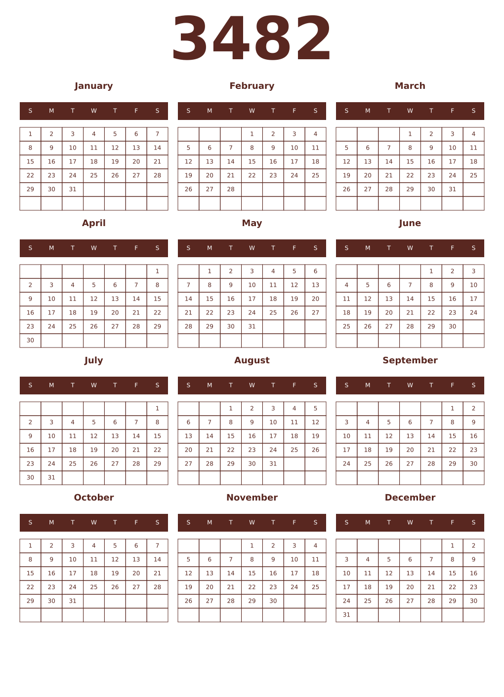 Printable 3482 Year Calendars mortuum