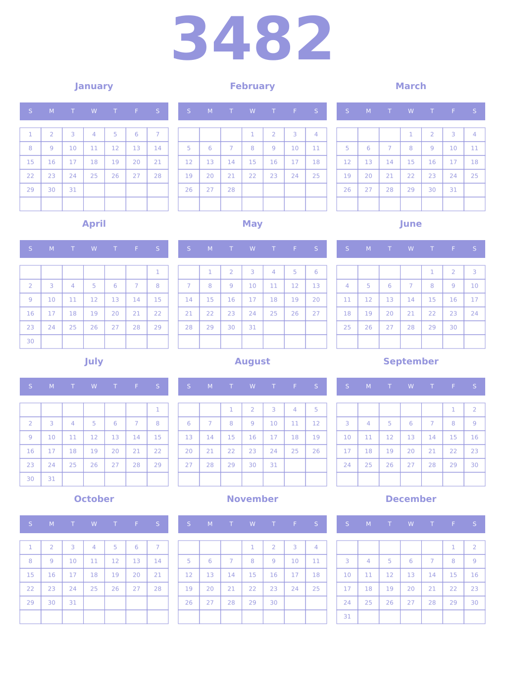 Printable 3482 Year Calendars periwinkle