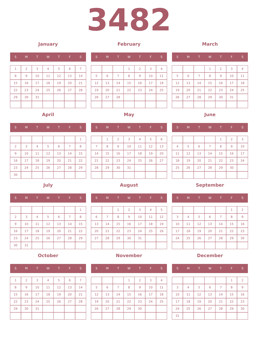 Printable 3482 Year Calendars puce