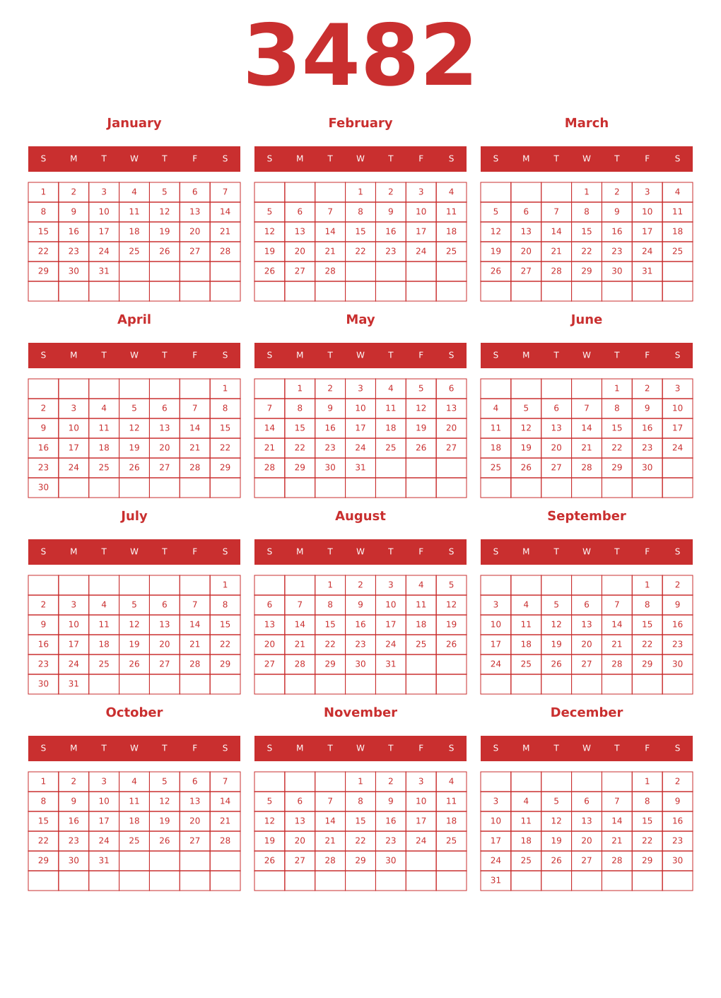 Printable 3482 Year Calendars red