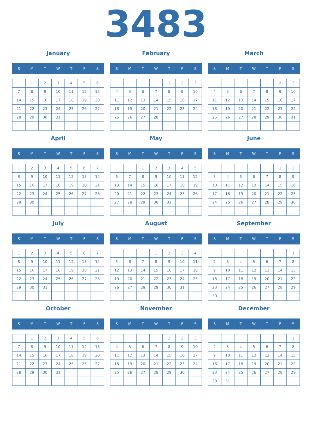 Printable 3483 Year Calendars blue