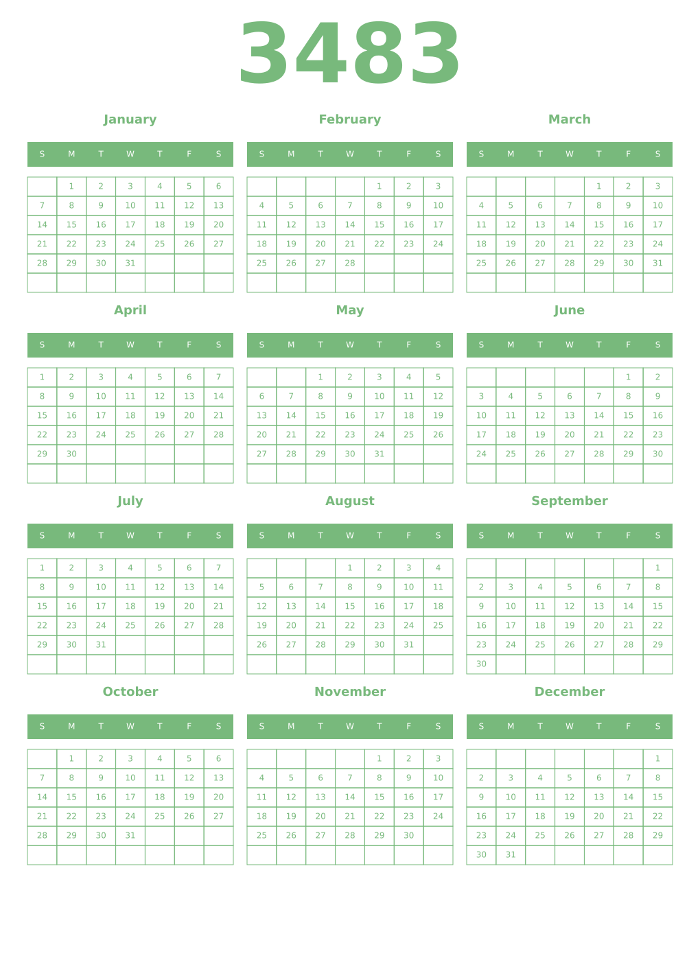 Printable 3483 Year Calendars celadon
