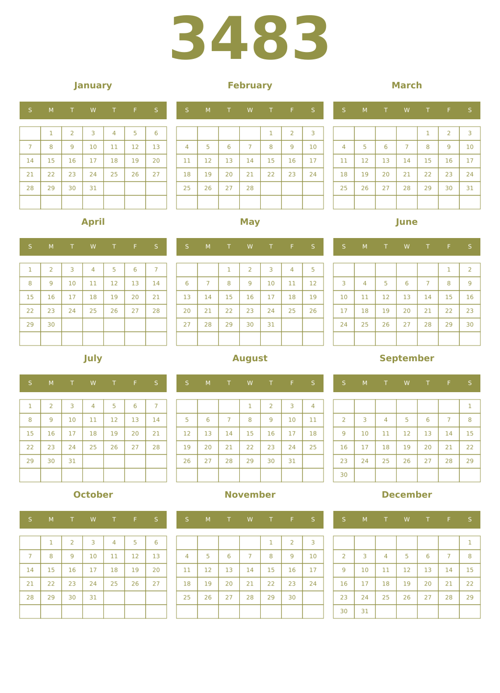 Printable 3483 Year Calendars eburnean
