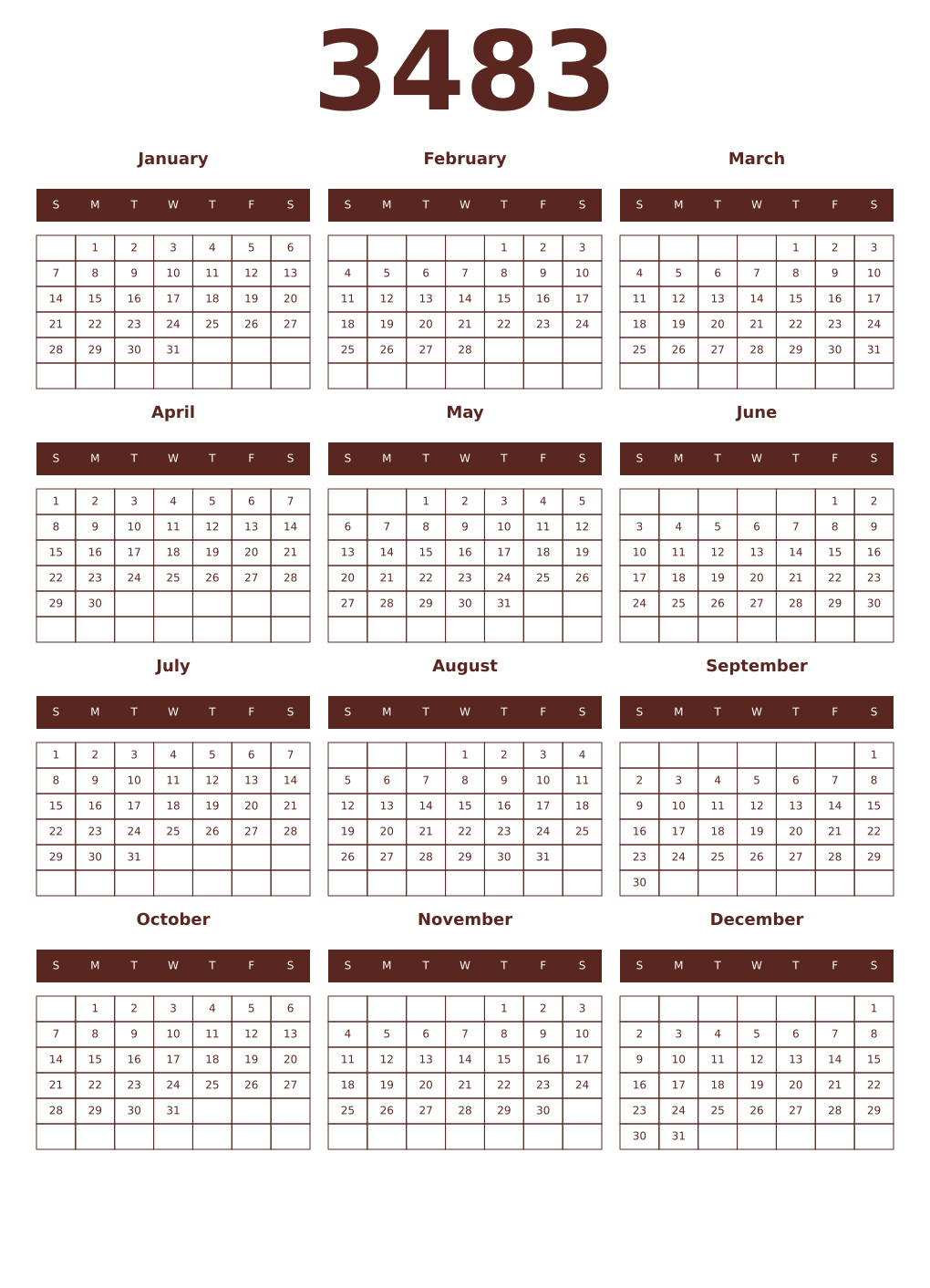 Printable 3483 Year Calendars mortuum