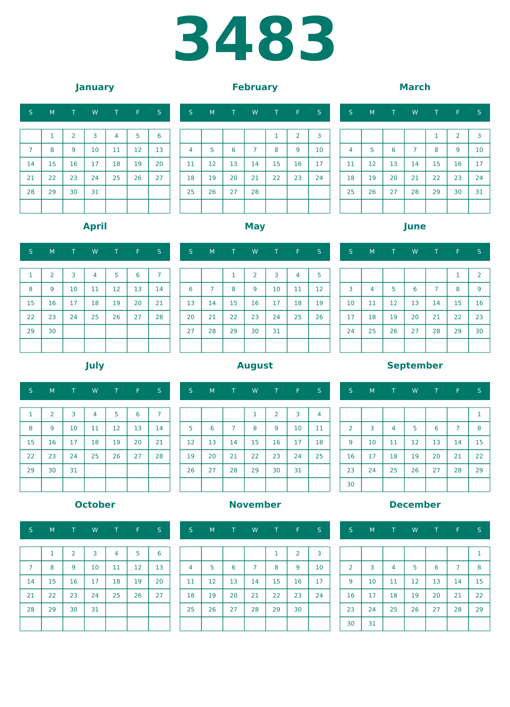 Printable 3483 Year Calendars pastel