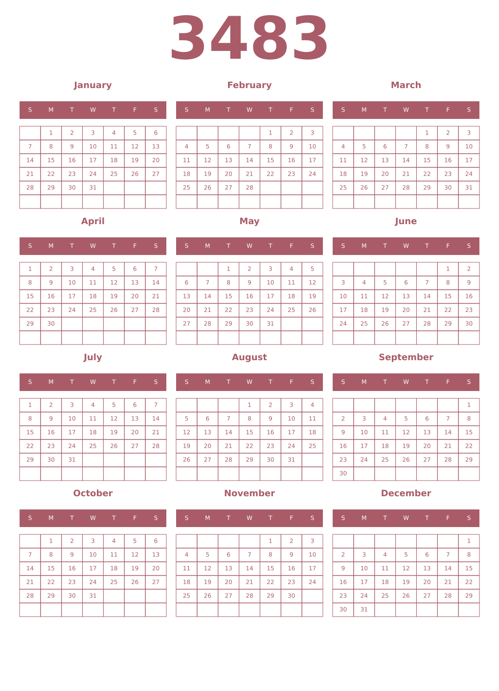 Printable 3483 Year Calendars puce