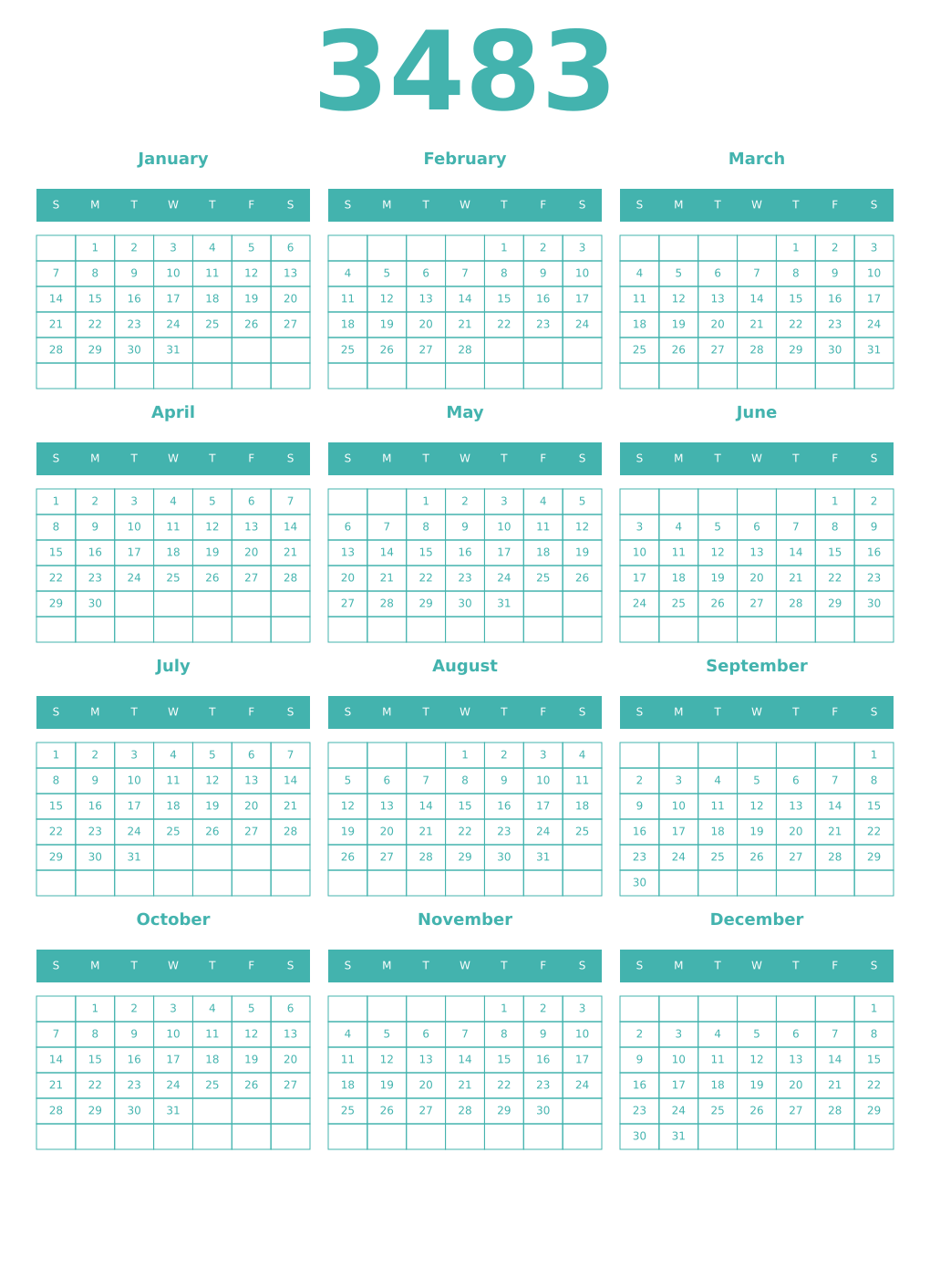 Printable 3483 Year Calendars verdigris
