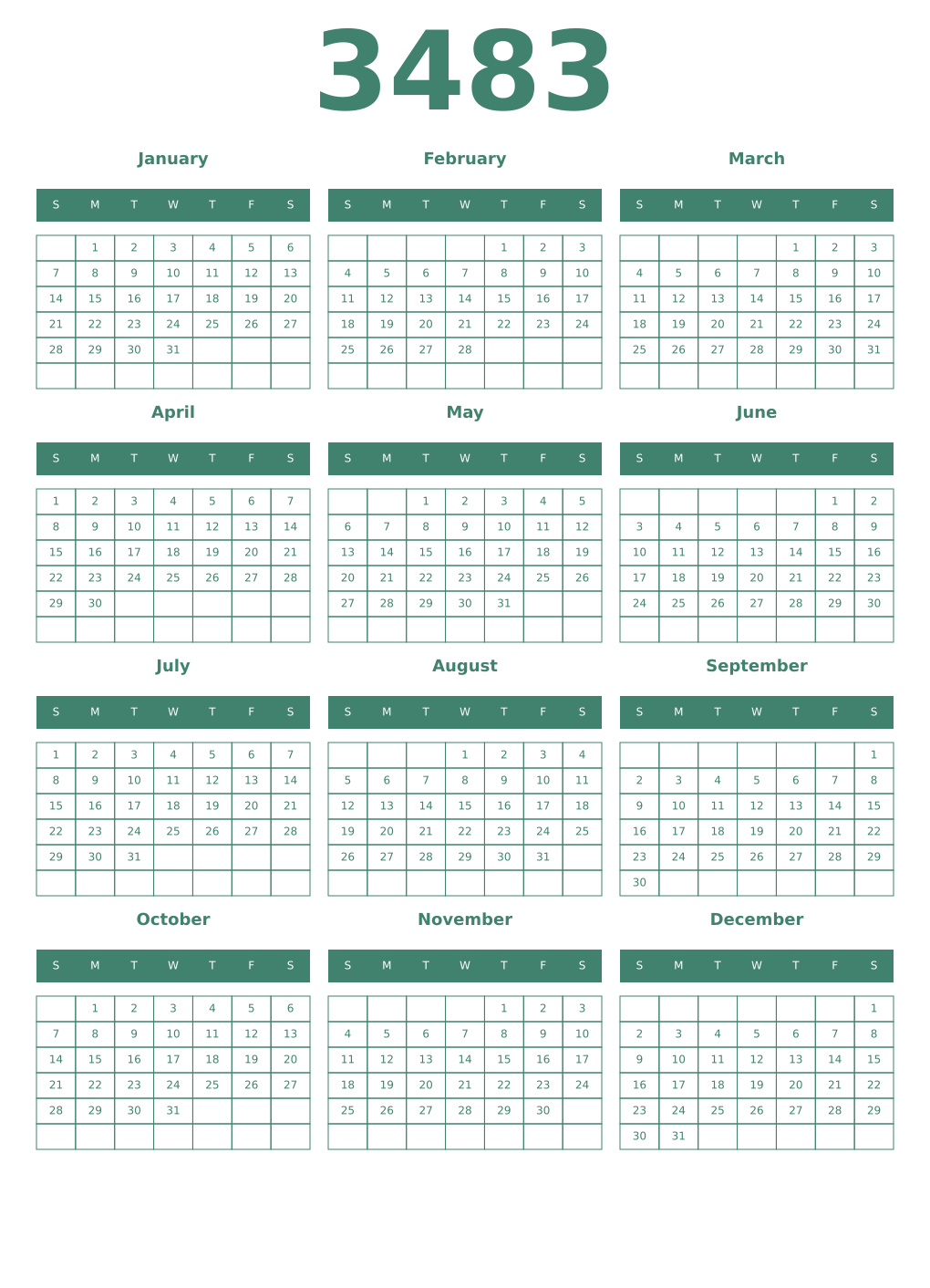 Printable 3483 Year Calendars viridian