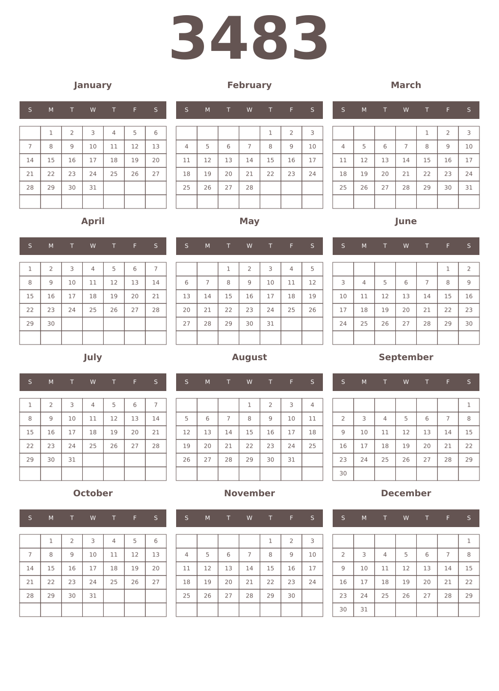 Printable 3483 Year Calendars wenge