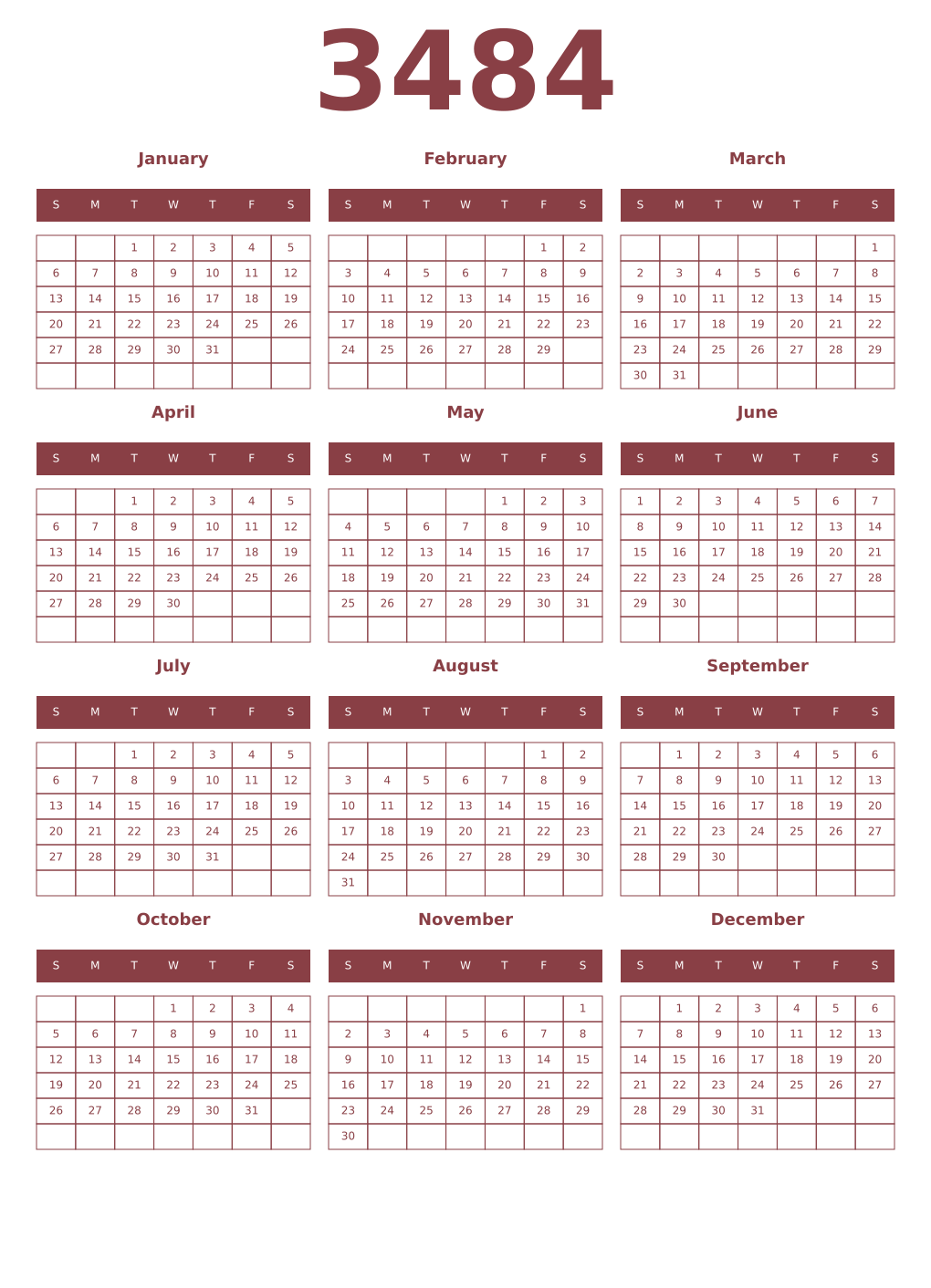 Printable 3484 Year Calendars cordovan