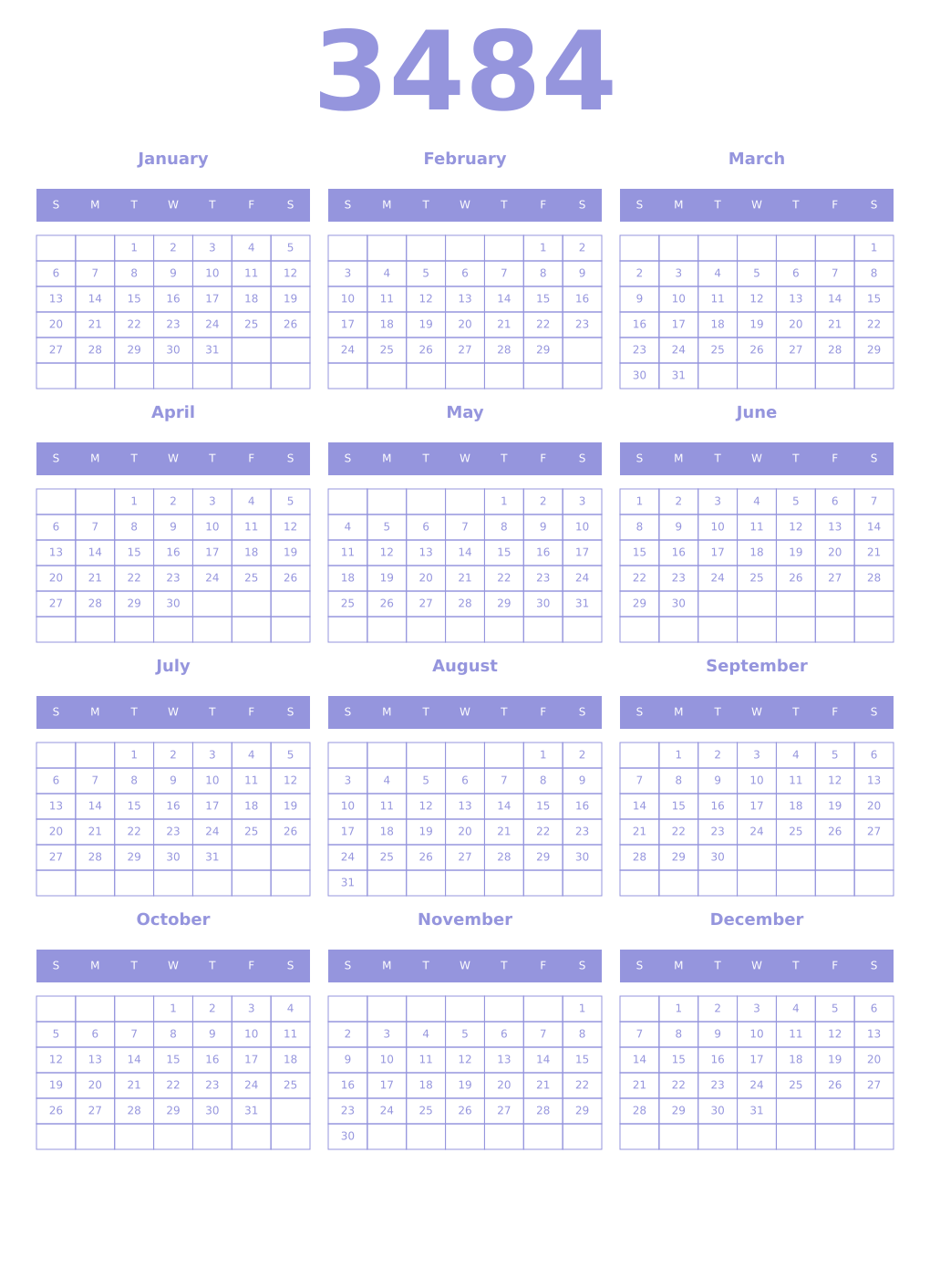 Printable 3484 Year Calendars periwinkle