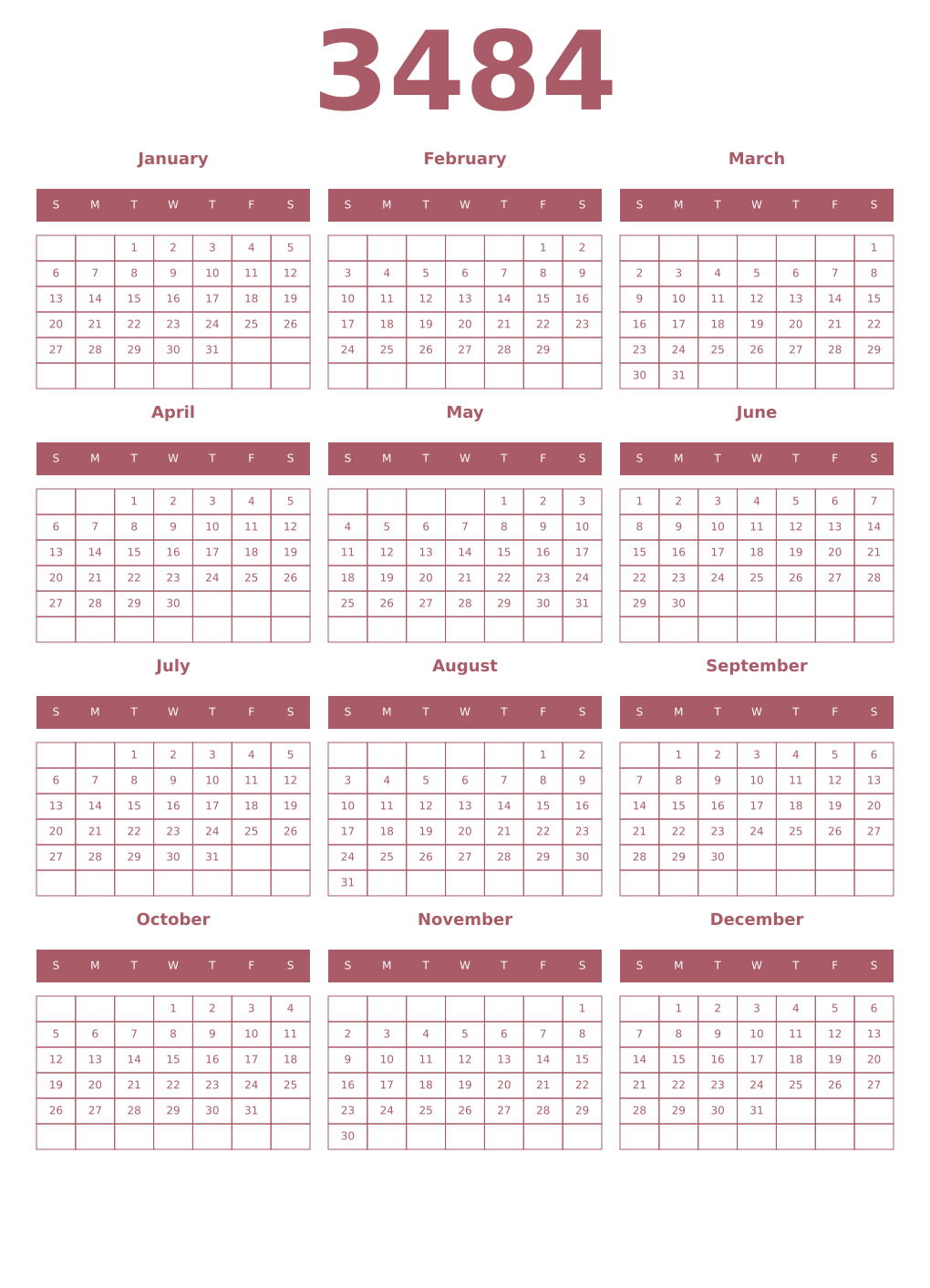 Printable 3484 Year Calendars puce