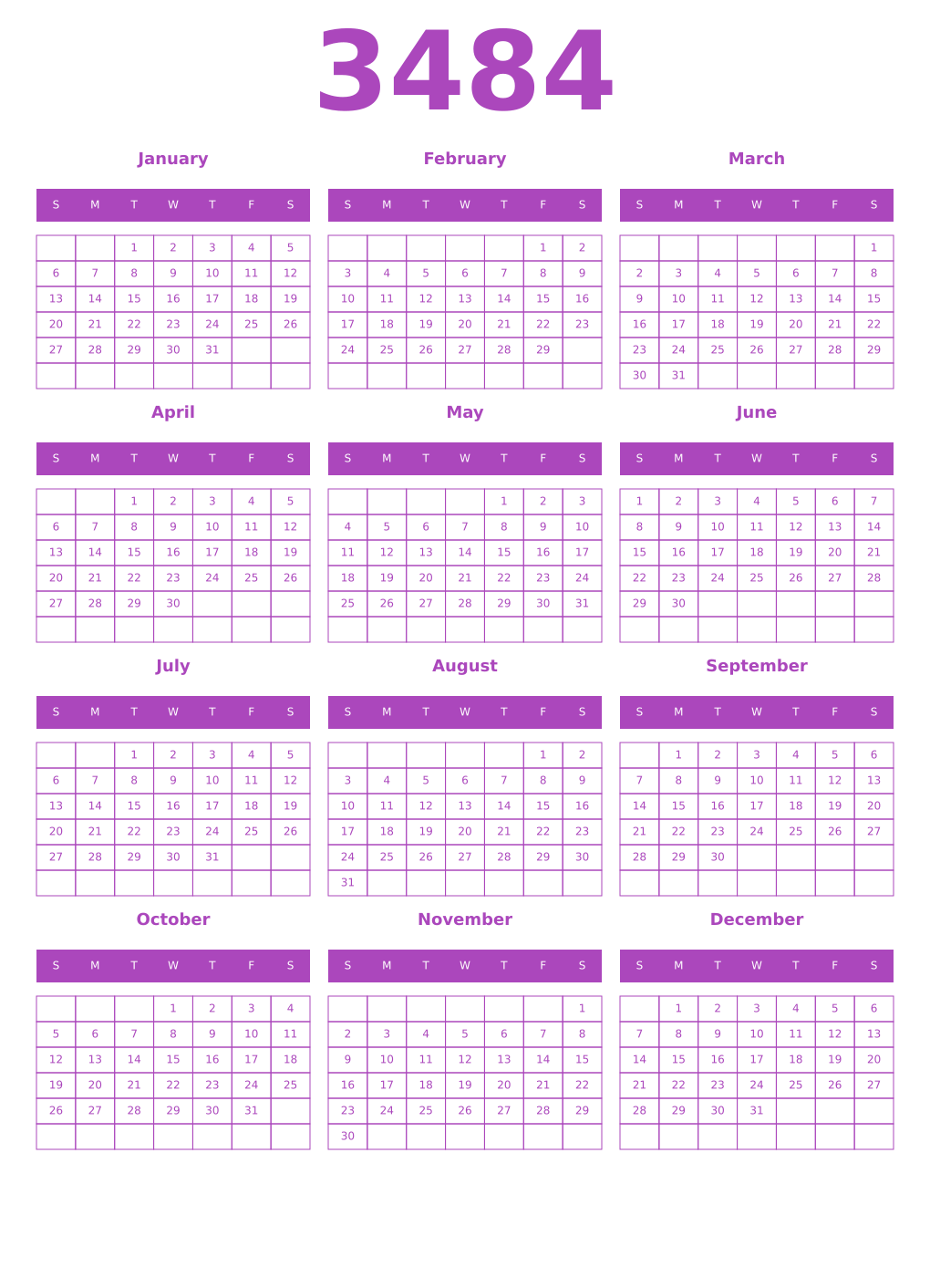 Printable 3484 Year Calendars purple