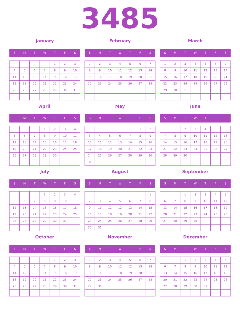 Printable 3485 Year Calendars purple