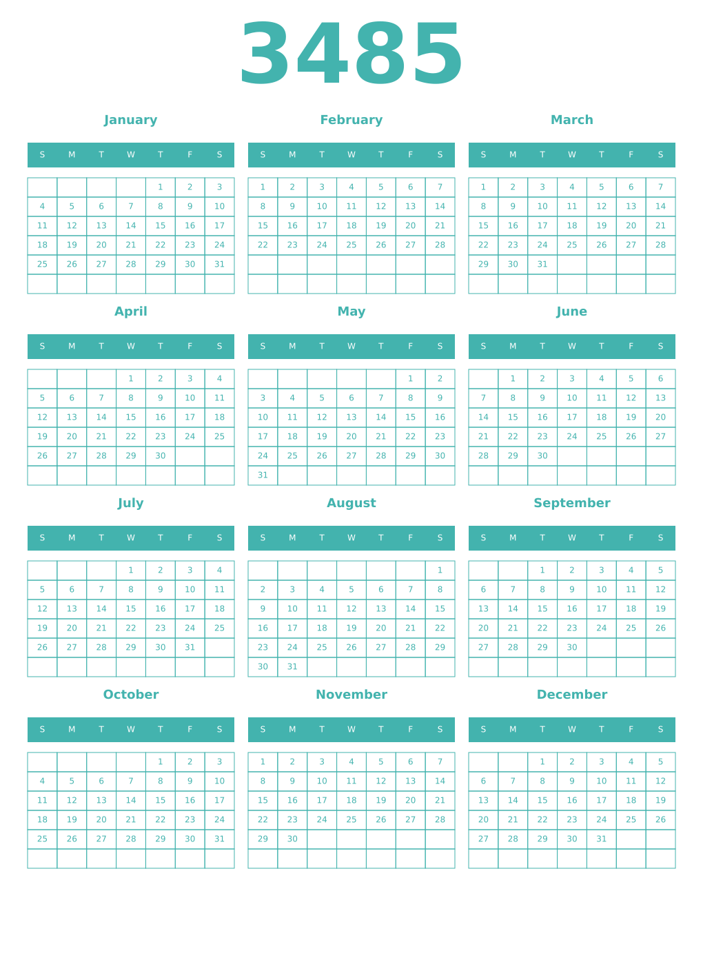 Printable 3485 Year Calendars verdigris