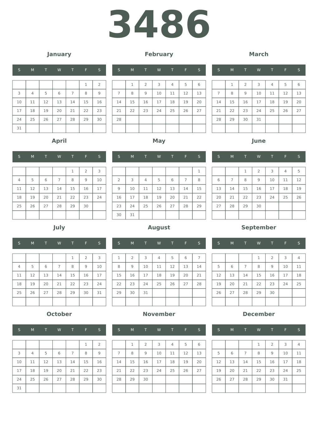 Printable 3486 Year Calendars feldgrau