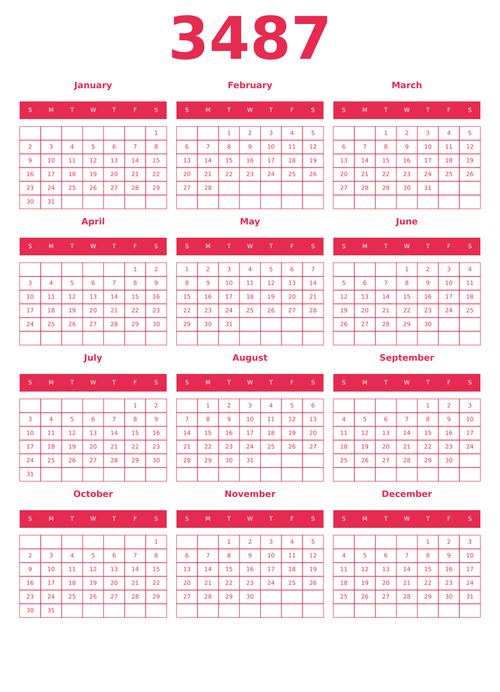 Printable 3487 Year Calendars amaranth