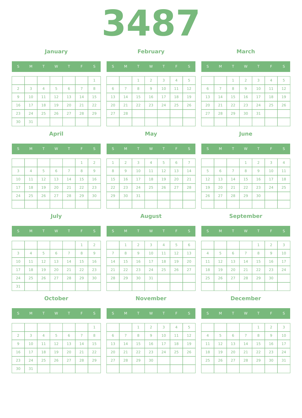 Printable 3487 Year Calendars celadon