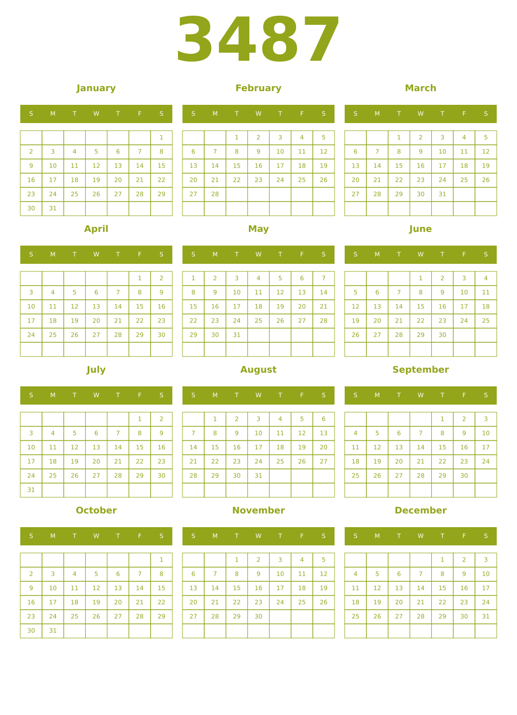 Printable 3487 Year Calendars chartreuse