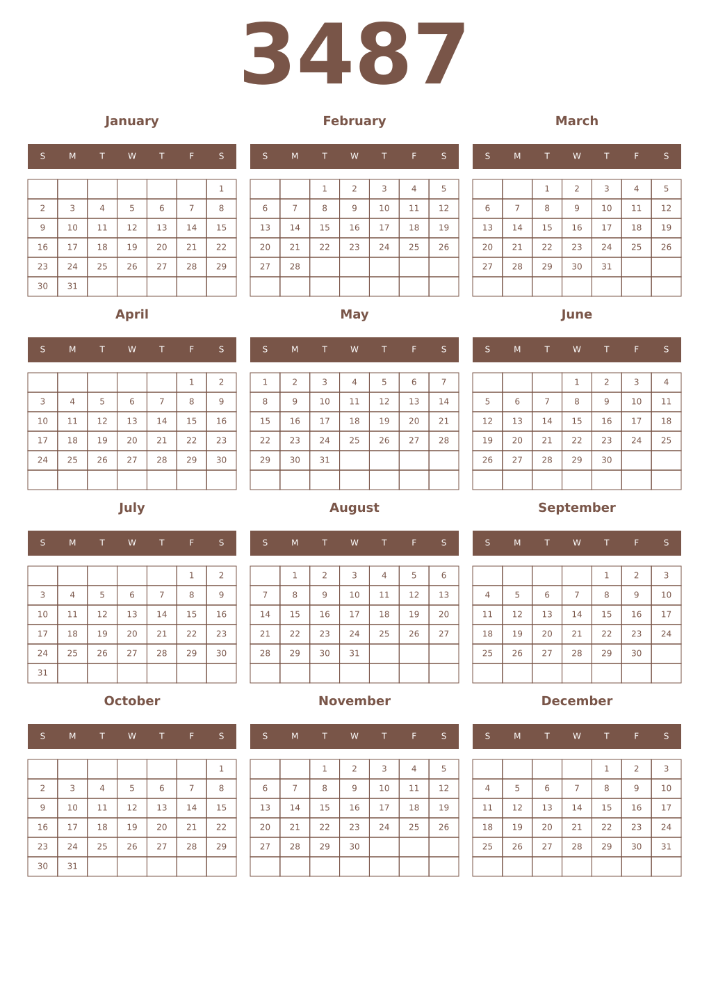 Printable 3487 Year Calendars coffe