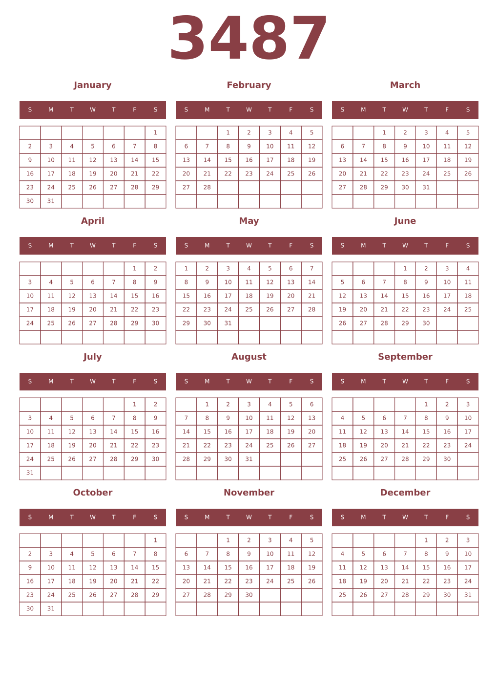 Printable 3487 Year Calendars cordovan