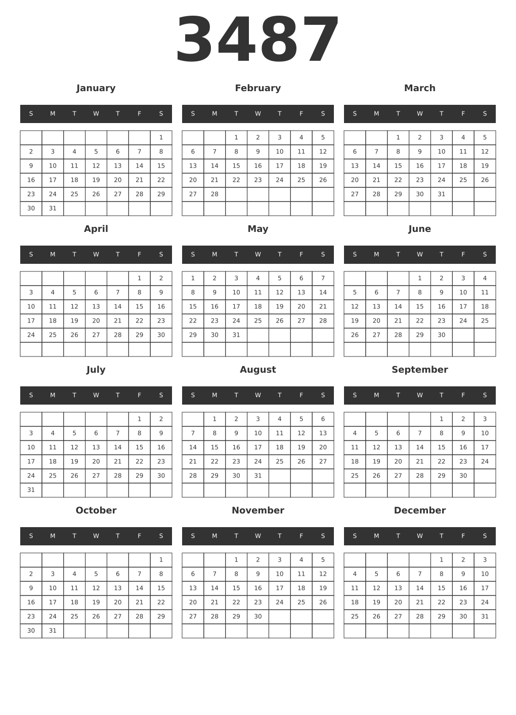 Printable 3487 Year Calendars dark