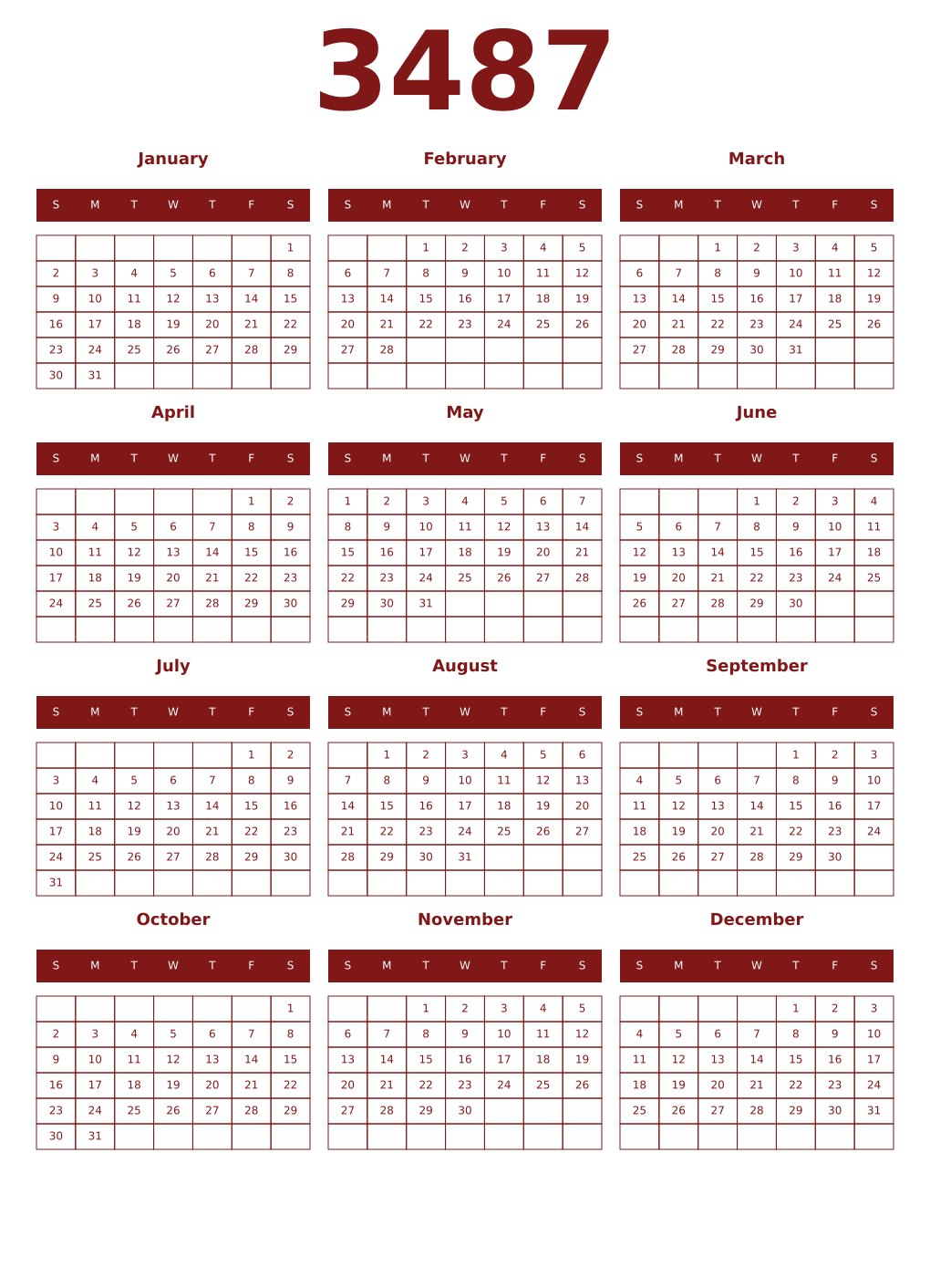 Printable 3487 Year Calendars falu