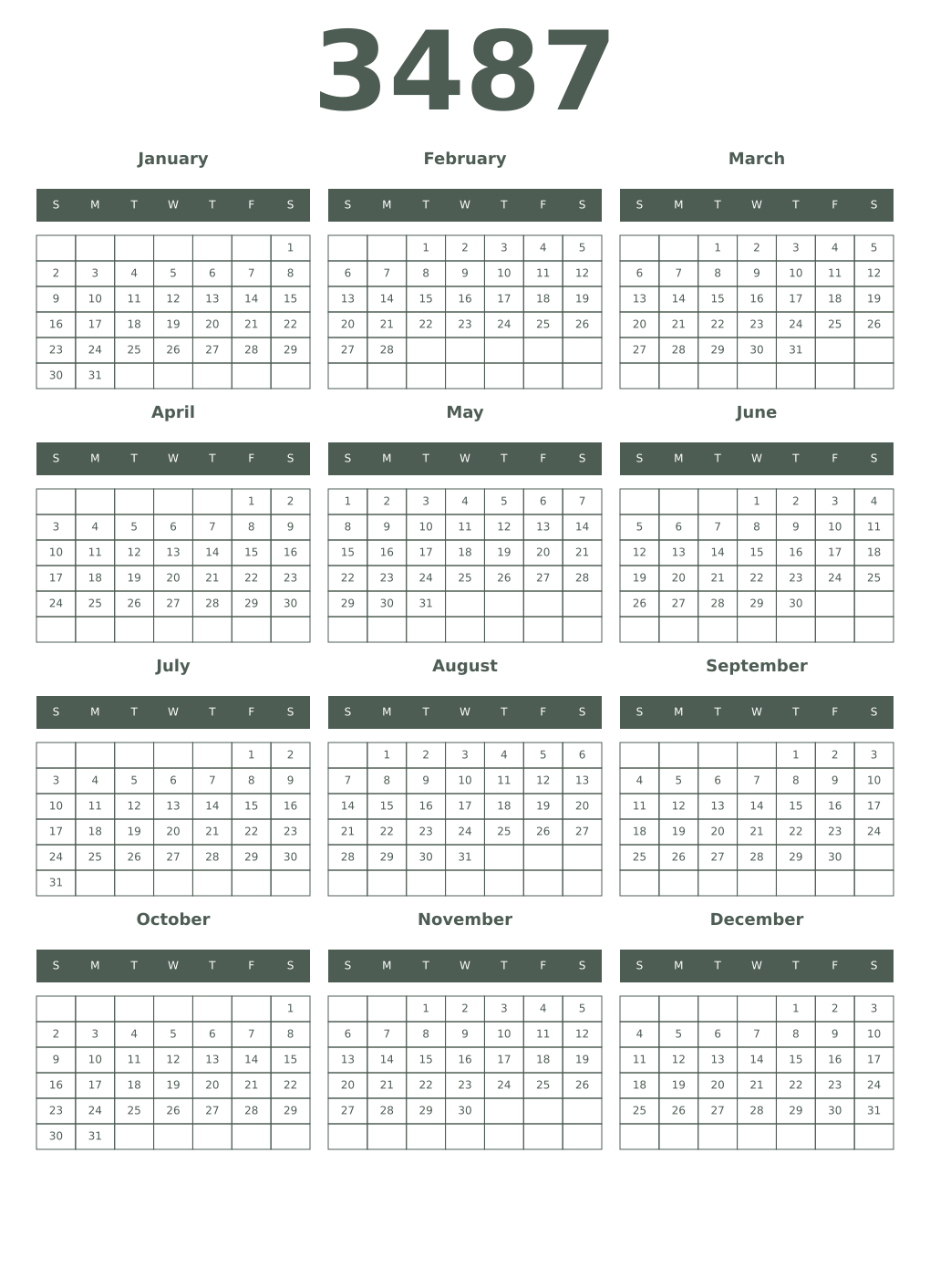 Printable 3487 Year Calendars feldgrau